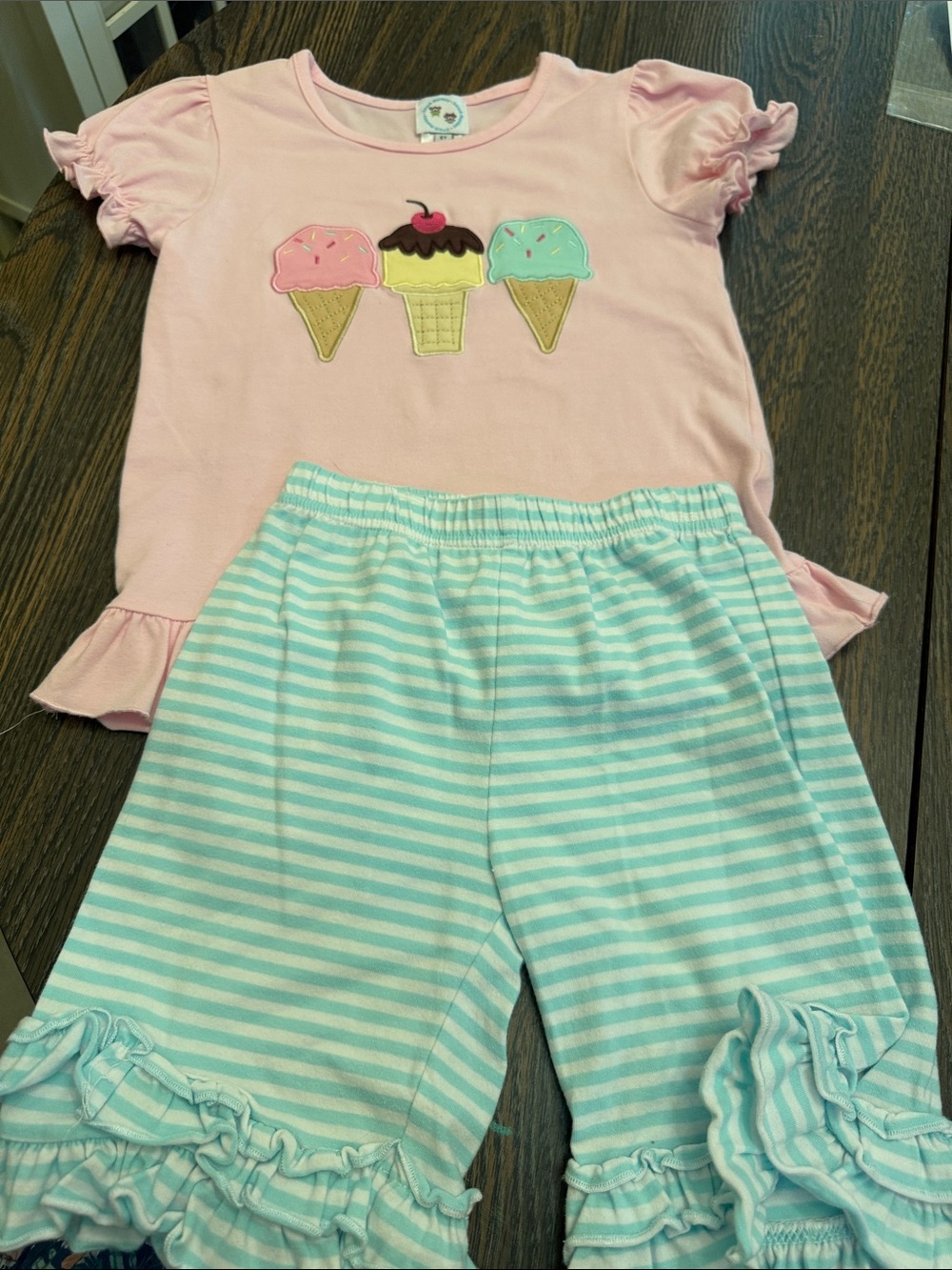 Smock Monkey 5T Girls Pink Ice Cream Short Sleeve Set with Mint Striped Shorts